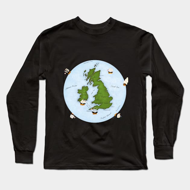 Great Britain Map With Sailing Ships Long Sleeve T-Shirt by Mozartini